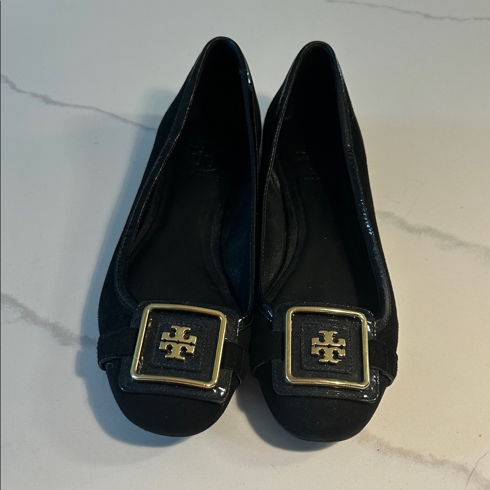 Tory Burch Black Flats with Gold Emblem